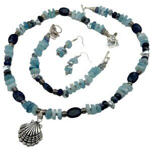 Handmade Jewelry Set - Shell - Aquamarine, Sodalite, Crystal & Pewter